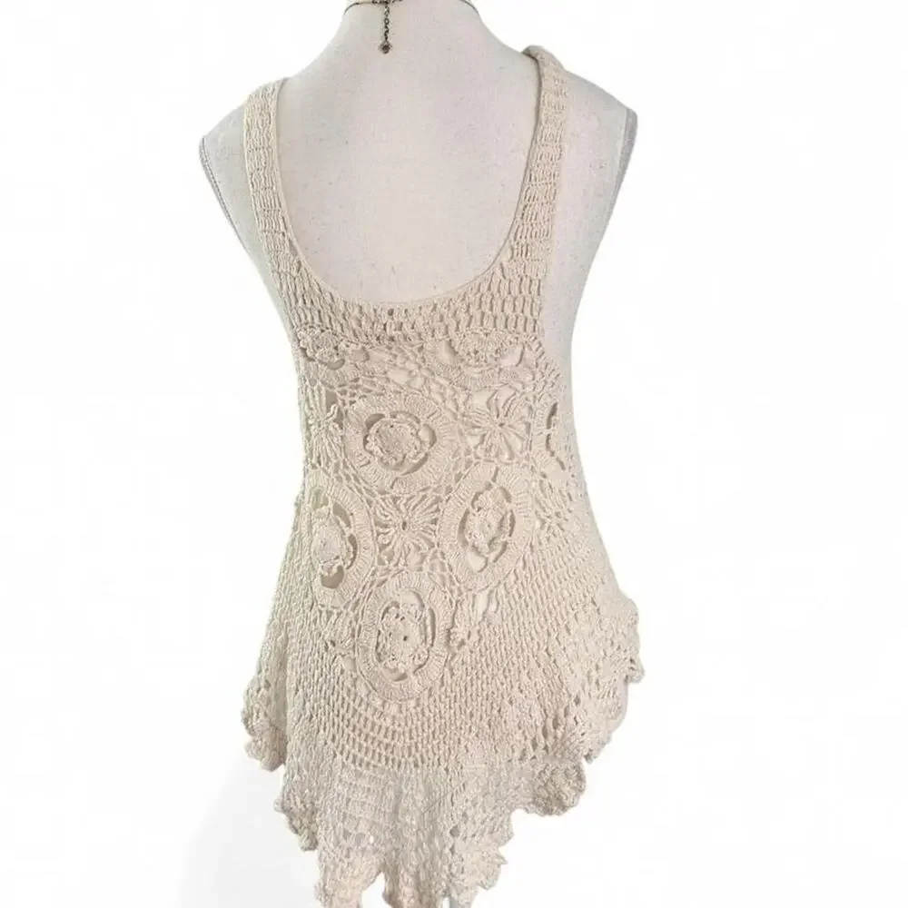 Y2K Boho Chic Toered Knitted Floral Flowy Staple Piece Top Size L 100% Cotton - Picture 2 of 5